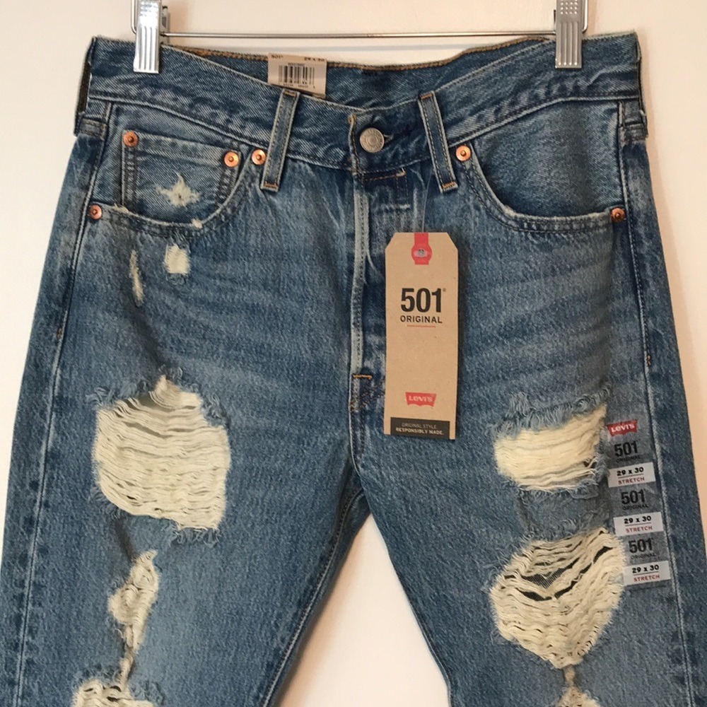 Levi's Men's 29x30 501 Original‎ Jeans Blue Distressed Ripped Straight NEW - Picture 3 of 12